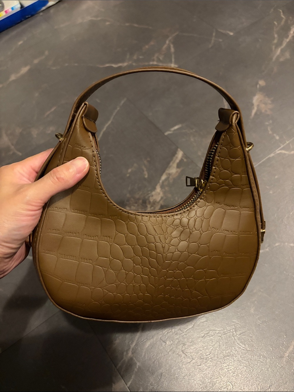 Mini Girl Croc-Embossed Crescent Shoulder Bag in Brown